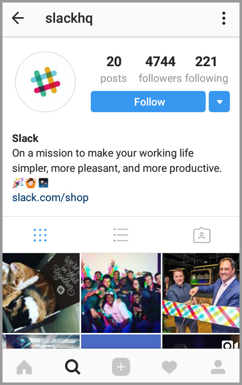 Slack's short and sweet bio on Instagram