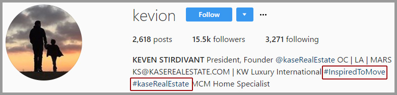 Example of hashtags in a realtor's Instagram bio section