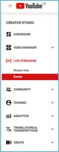 Youtube channel dashboard events
