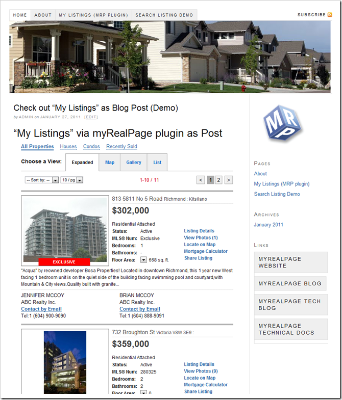 myRealPage WordPress plugin demo wesite