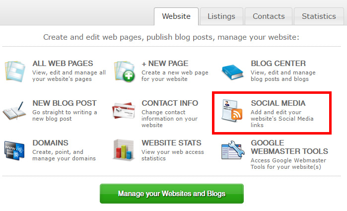 Social Media link under Websites tab in Private Office