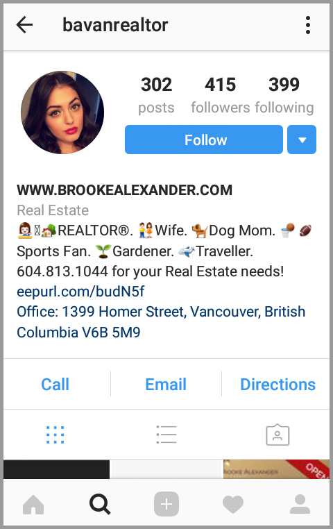 Screenshot of business Instagram account using emoji, owned by a myRealPage agent