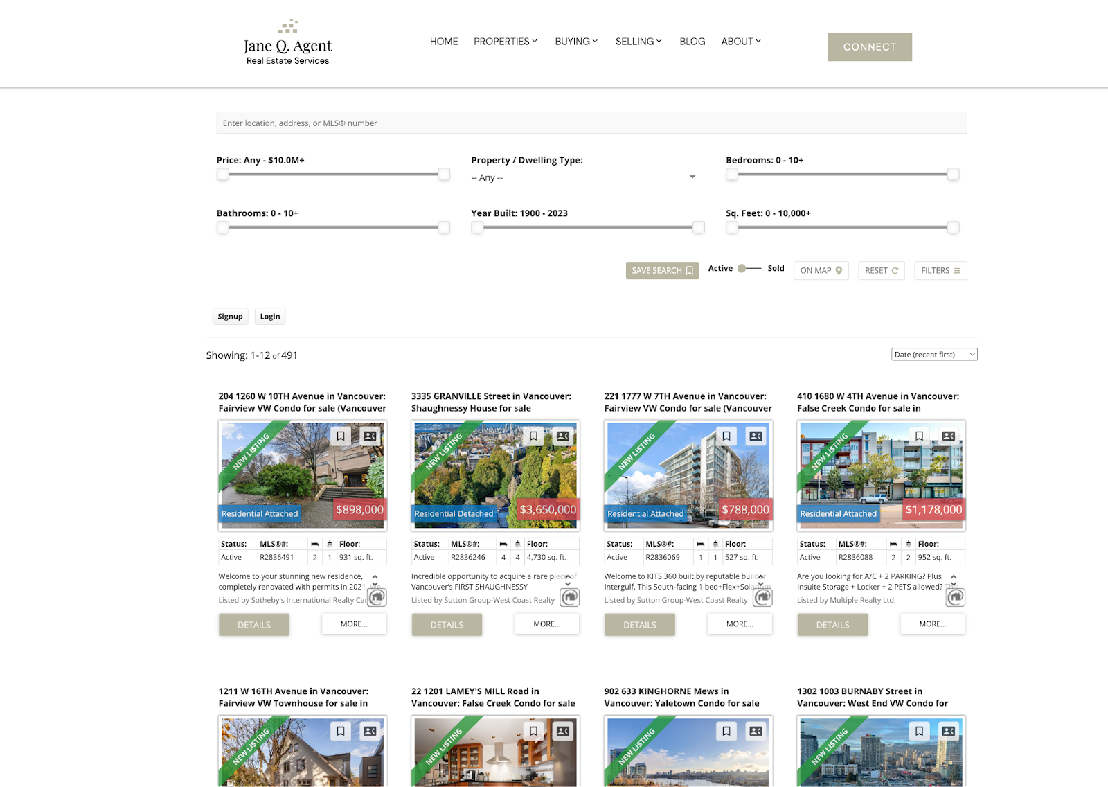 real estate website with listings